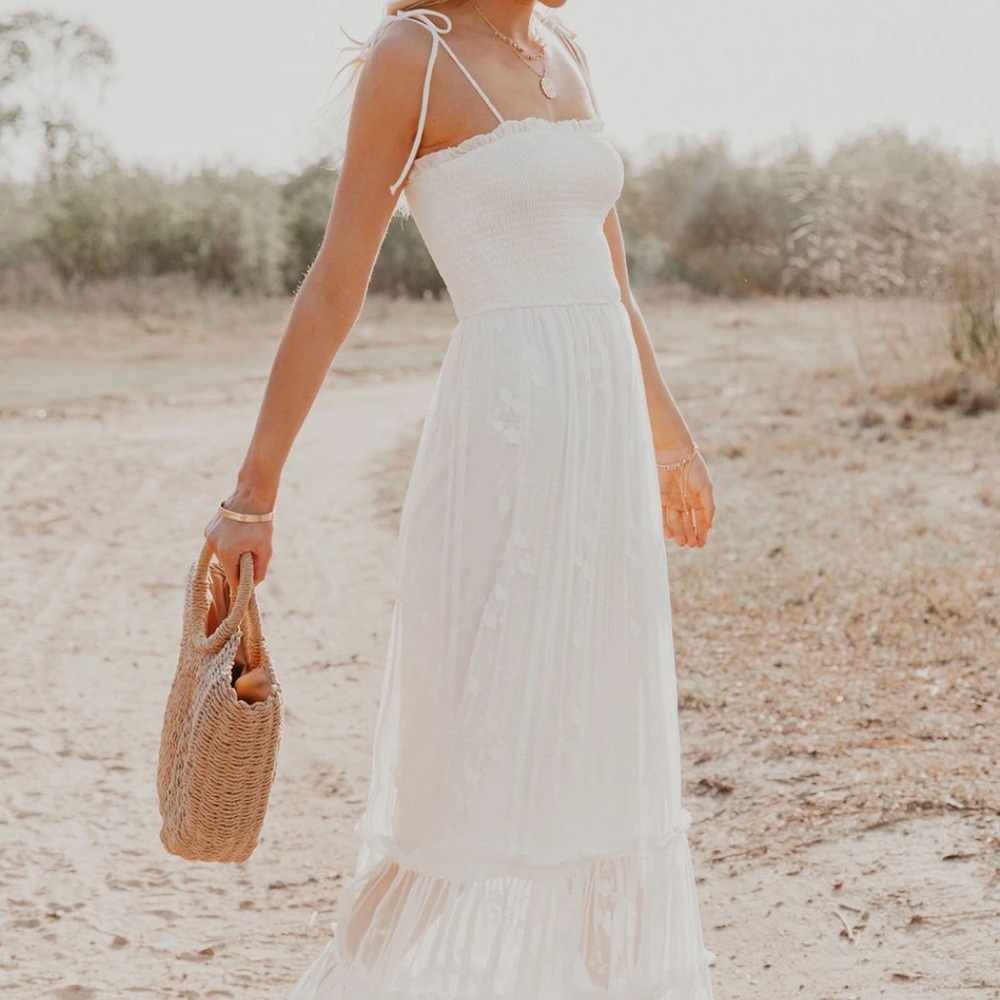 VICI CEREMONY SMOCKED EMBROIDERED LACE MAXI DRESS